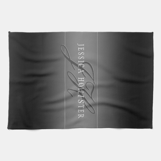 Elegante Naam & Monogrammed Initialen | Zwart & Gr Theedoek (Horizontaal)