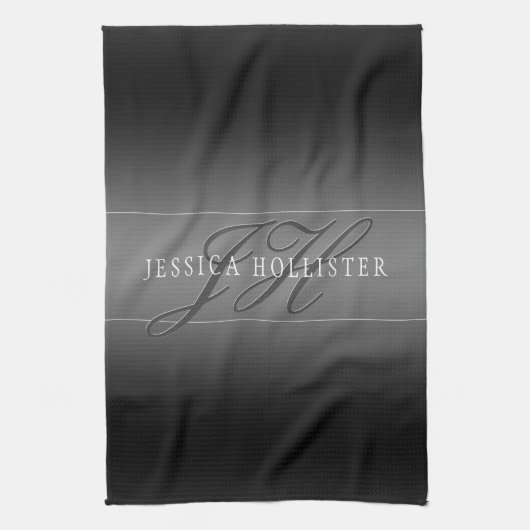 Elegante Naam & Monogrammed Initialen | Zwart & Gr Theedoek (Verticaal)