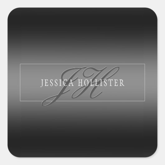 Elegante Naam & Monogrammed Initialen | Zwart & Gr Vierkante Sticker (Voorkant)