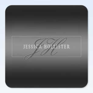 Elegante Naam & Monogrammed Initialen Zwart & Gr Vierkante Sticker