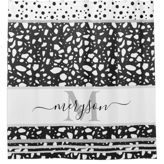 Elegante naam & Monogrammed wit en zwart Douchegordijn (Voorkant)