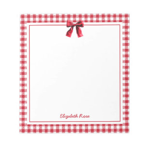 Elegante Naam op Rode Plaid Coquette Strik Notitieblok