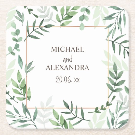 Elegante naam Waterverf rustieke groen bruiloft Kartonnen Onderzetters (Voorkant)