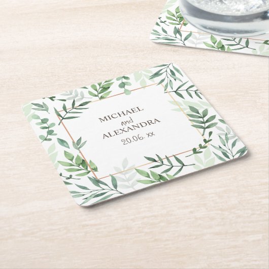 Elegante Naam Waterverf Rustieke Groene Huwelijk  Kartonnen Onderzetters (Schuin)