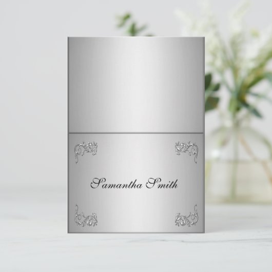 Elegante naamkaartjes_zilveren bloemslinger kaart (Staand voorkant)