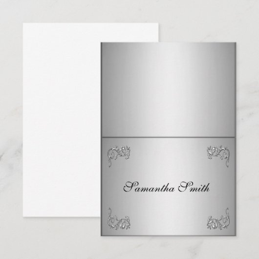 Elegante naamkaartjes_zilveren bloemslinger kaart (Voorkant / Achterkant)