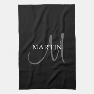 Elegante naammonogram Zwart Wit & Grijs Theedoek