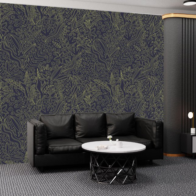 Elegante Nachthemel met Gouden Bloemen: Peel & Sti Behang (Elegant Night Sky with Gold Flowers: Peel & Stick Wallpaper)