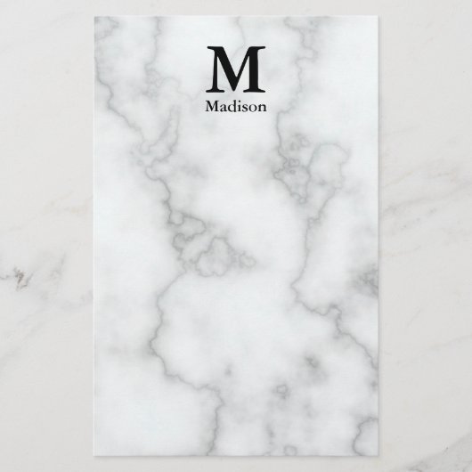 Elegante namaak wit marmer zwarte naam monogram briefpapier (Voorkant)