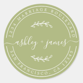 Elegante namen bladgroene trouw retouradres ronde sticker