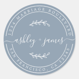 Elegante namen blauwe trouw retouradres ronde sticker