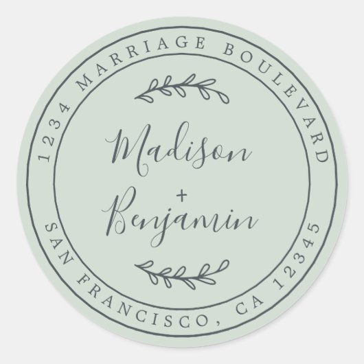 Elegante namen groene trouw retouradres ronde sticker (Voorkant)