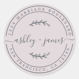 Elegante namen pastel paarse huwelijks retouradres ronde sticker