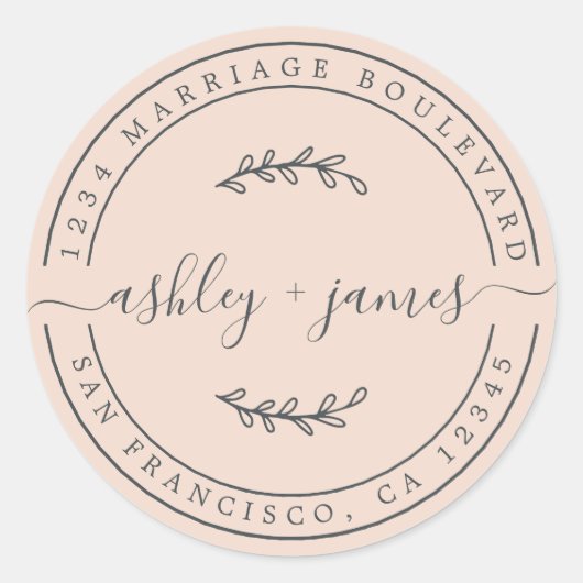 Elegante namen pastel roze trouw retouradres ronde sticker (Voorkant)