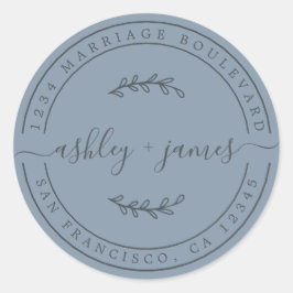 Elegante namen pastelblauwe trouw retouradres ronde sticker