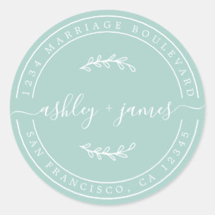 Elegante namen pastelblauwe trouw retouradres ronde sticker