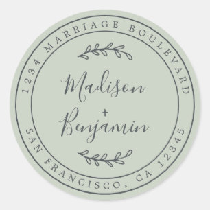 Elegante namen pastelgroene trouw retouradres ronde sticker