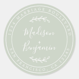 Elegante namen pastelgroene trouw retouradres ronde sticker