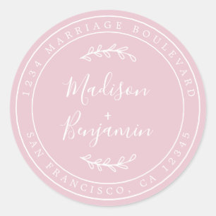 Elegante namen roze trouw retouradres ronde sticker