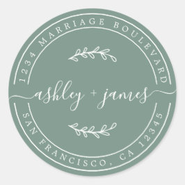 Elegante namen stoffig groene trouw retouradres ronde sticker