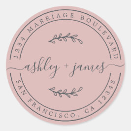 Elegante namen zilver roze trouw retouradres ronde sticker