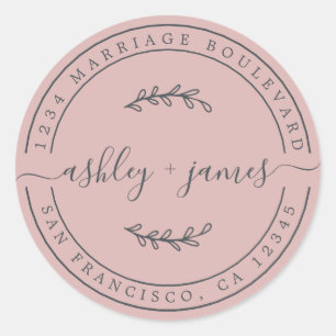 Elegante namen zilver roze trouw retouradres ronde sticker