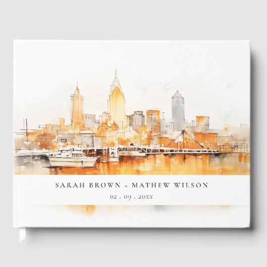 Elegante Nashville City Skyline Waterverf bruiloft Gastenboek (Voorkant)