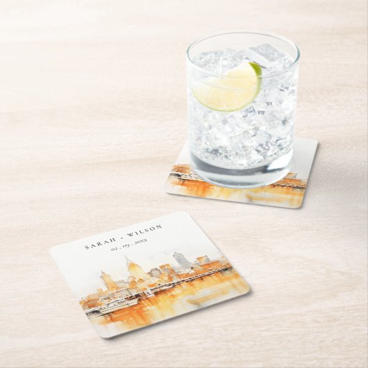 Elegante Nashville City Skyline Waterverf bruiloft Kartonnen Onderzetters (Insitu)