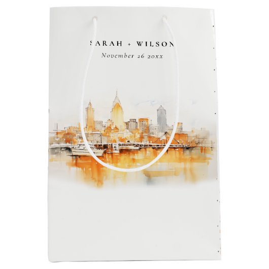 Elegante Nashville City Skyline Waterverf bruiloft Medium Cadeauzakje (Voorkant)