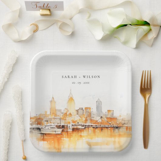 Elegante Nashville City Skyline Waterverf bruiloft Papieren Bordje (Huwelijk)