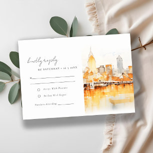 Elegante Nashville City Skyline Waterverf bruiloft RSVP Kaartje