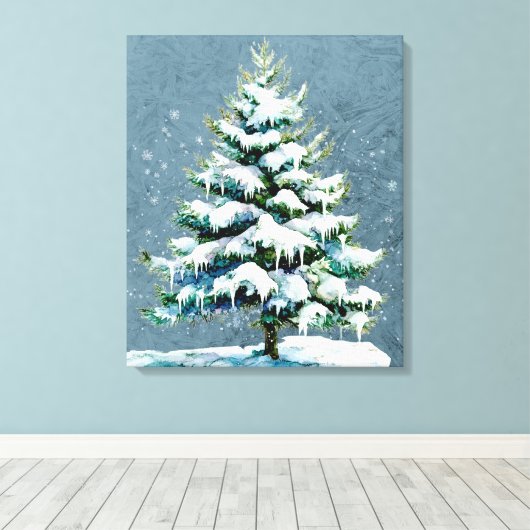 Elegante Natuur Snowy Spruce Wall Hanging Canvas Afdruk (Insitu (Houten vloer))