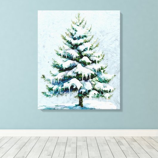 Elegante Natuur Snowy Spruce Wall Hanging Canvas Afdruk (Insitu (Houten vloer))