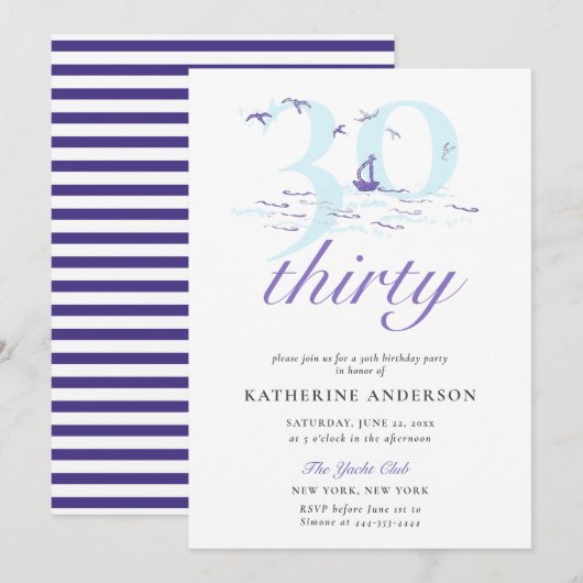 Elegante Nautical Stripes Boot Ocean 30th Verjaard Kaart (Voorkant / Achterkant)