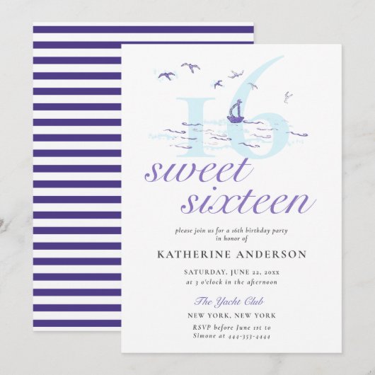 Elegante Nautical Stripes Boot Ocean Sweet 16 Kaart (Voorkant / Achterkant)