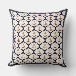 Elegante Nautilus Navy Blauwe & Gouden Anker Trali Kussen