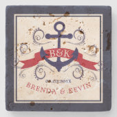 Elegante nautische anker blauwe krullen accent stenen onderzetter (Voorkant)