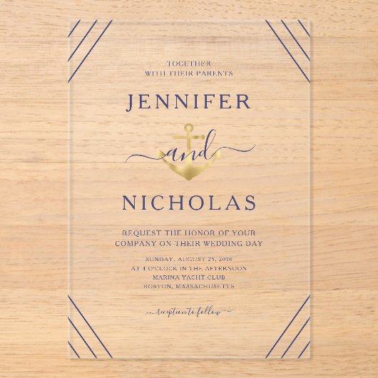 Elegante nautische anker bruiloft acryl uitnodigingen (Voorkant)