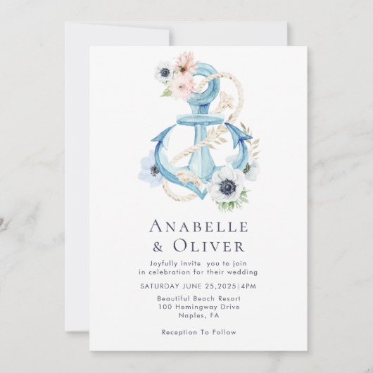 Elegante nautische bloemenanker bruiloft kaart (Voorkant)