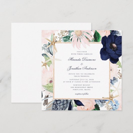 Elegante nautische bloemenbruiloft kaart (Voorkant / Achterkant)