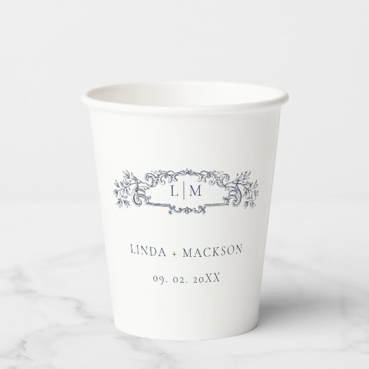 Elegante nautische botanische kam monogram bruilof papieren bekers (Achterkant)