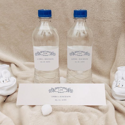 Elegante nautische botanische kam monogram bruilof waterfles etiket