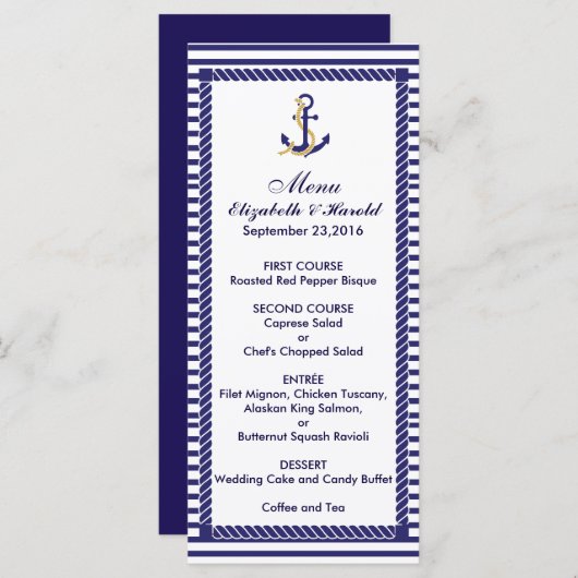 Elegante nautische bruiloft marine strepen Menu (Voorkant / Achterkant)