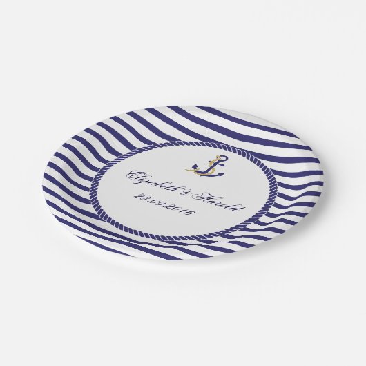Elegante nautische bruiloft marine strepen papieren bordje (Gekanteld)