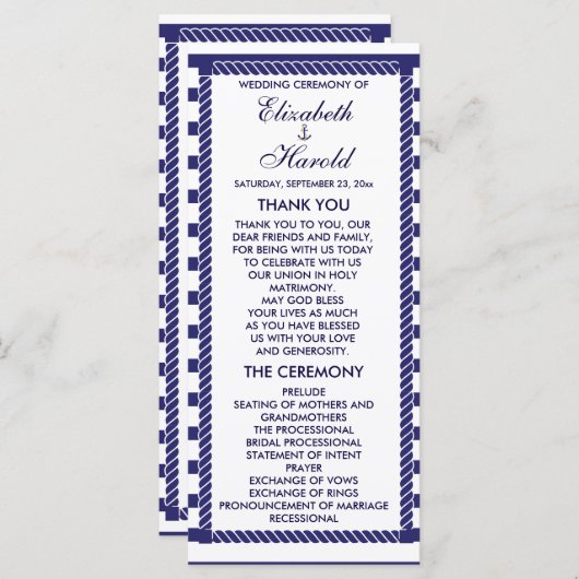 Elegante nautische bruiloft Navy Stripes Program K Programmakaart (Voorkant / Achterkant)