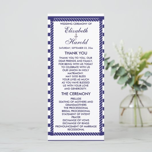 Elegante nautische bruiloft Navy Stripes Program K Programmakaart (Staand voorkant)