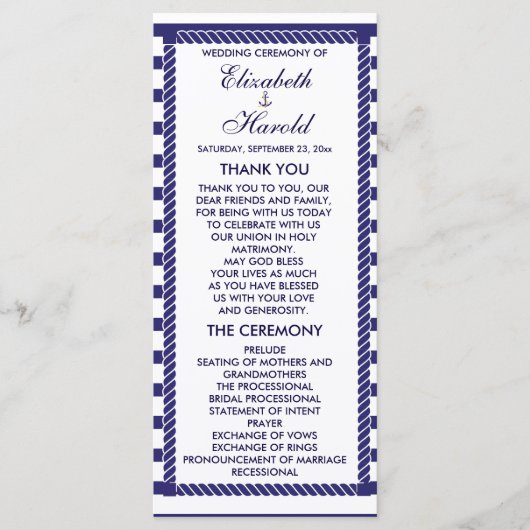 Elegante nautische bruiloft Navy Stripes Program K Programmakaart (Voorkant)