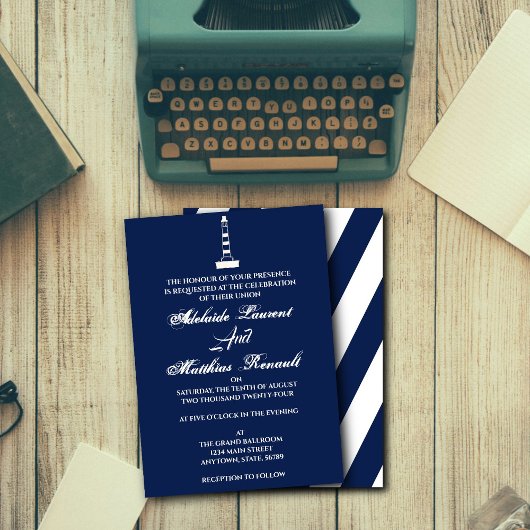 Elegante nautische bruiloft vuurtoren - marine bla kaart