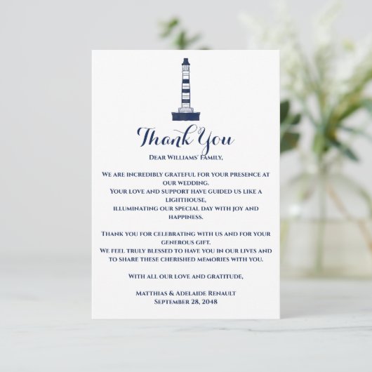 Elegante nautische bruiloft vuurtoren wit & blauw bedankkaart (Staand voorkant)
