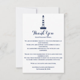 Elegante nautische bruiloft vuurtoren wit & blauw bedankkaart